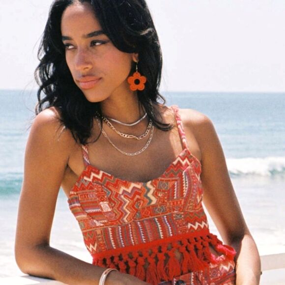 Cider Tops - Cider Cropped Tank Top Womens 2X Boho Geometric Print Woven Corset Resort Wear